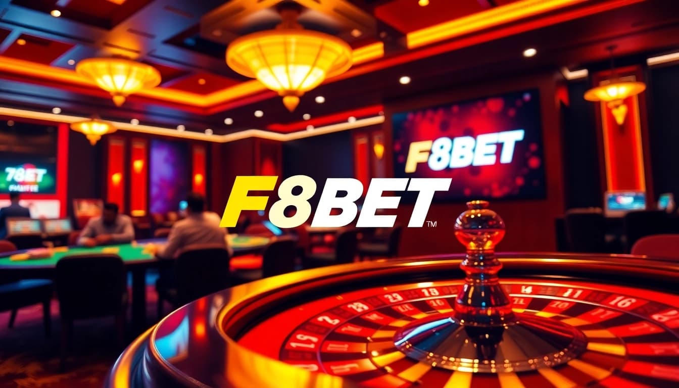 Experience thrilling gameplay at F8BET's luxurious poker table, surrounded by vibrant casino elements.