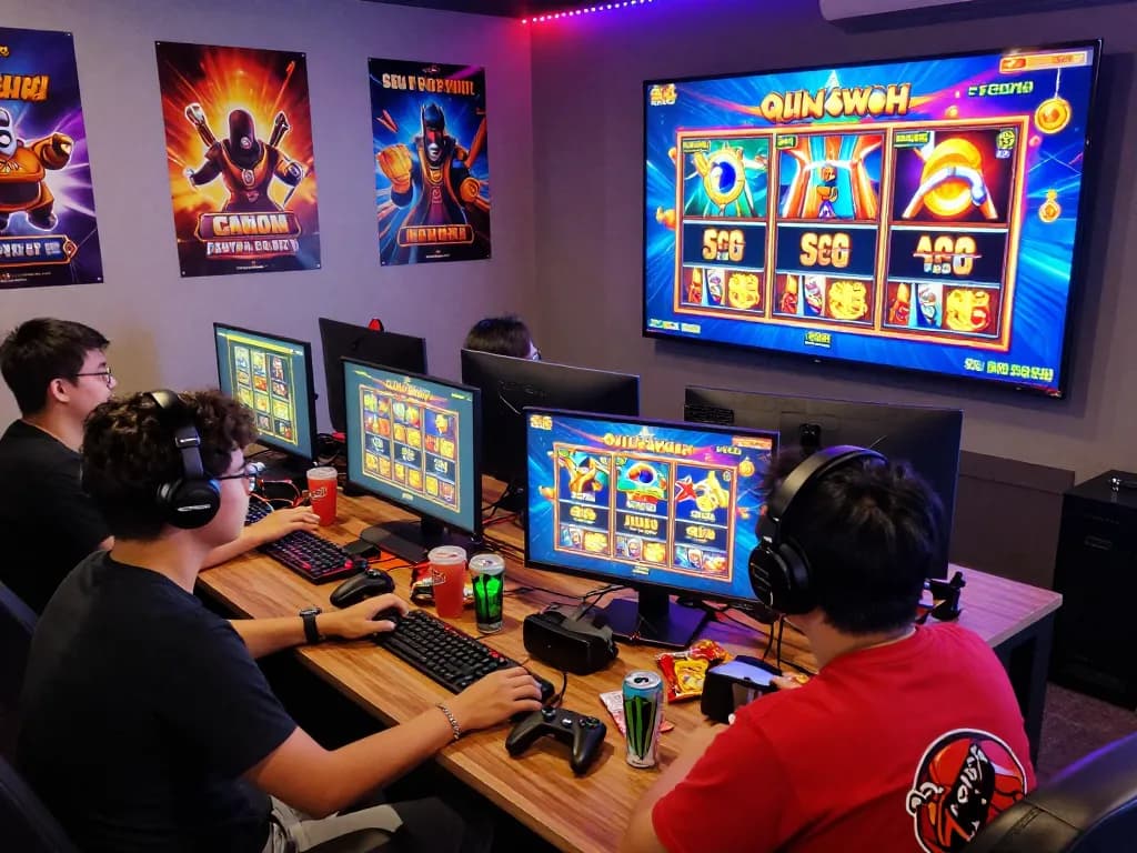 Friends enjoying thrilling situs slot gacor gaming session at a colorful setup with snacks and vibrant lighting.