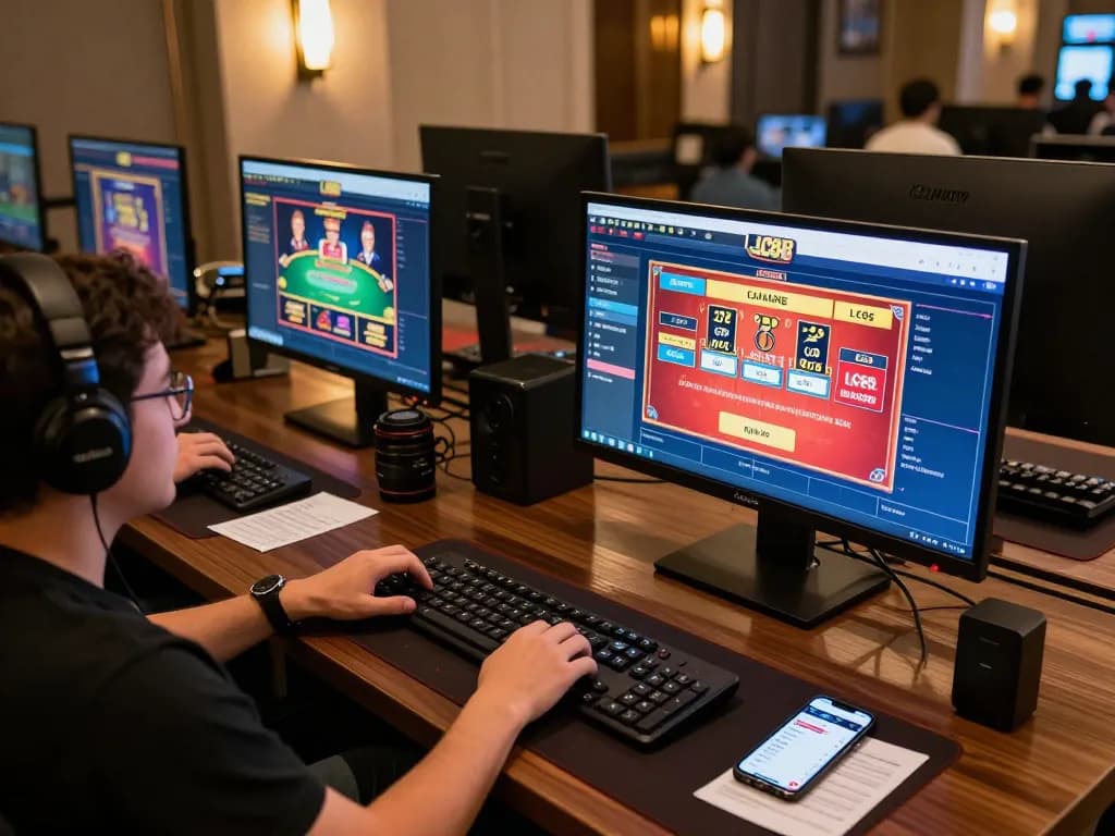Engage with LC88's online gaming experience, featuring multiple casino games on screen and strategic placement of betting notes.