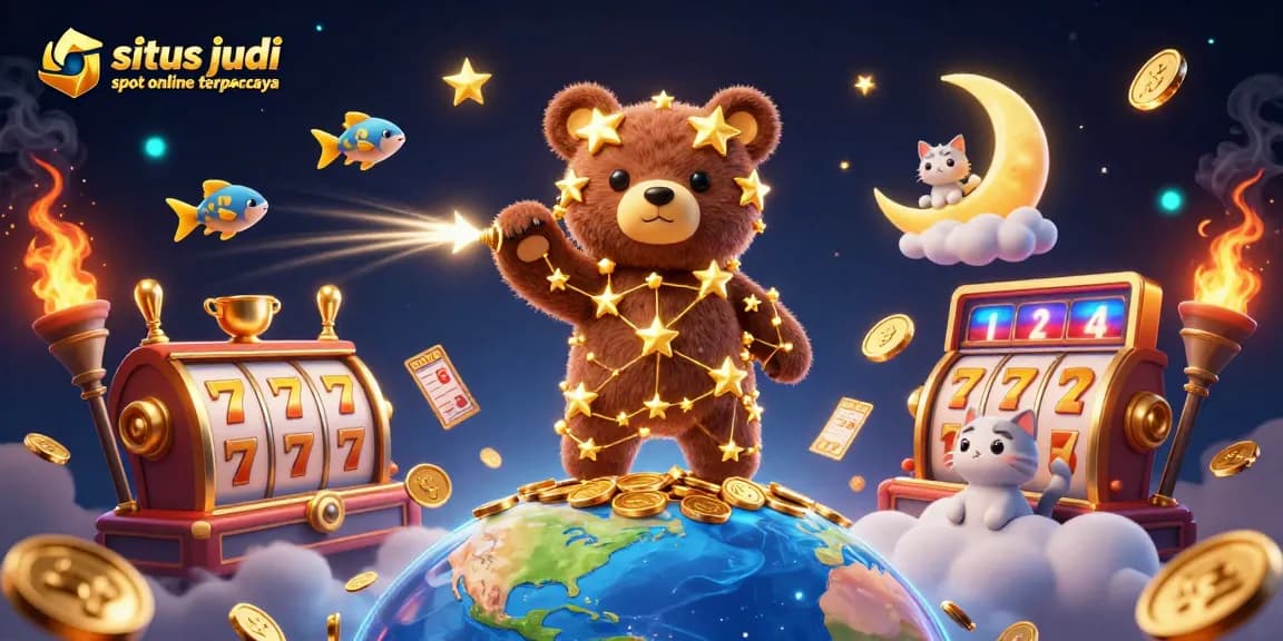 Enhance your gameplay with situs judi slot online terpercaya showcasing a constellation bear, slot reels, and gold coins.