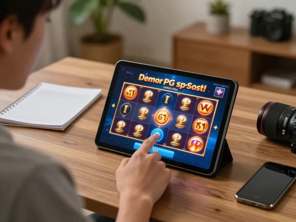 Rasakan keseruan dengan pengaturan permainan Demo Slot PG Soft Mirip Asli, menampilkan permainan yang cerah di tablet sambil merencanakan strategi.