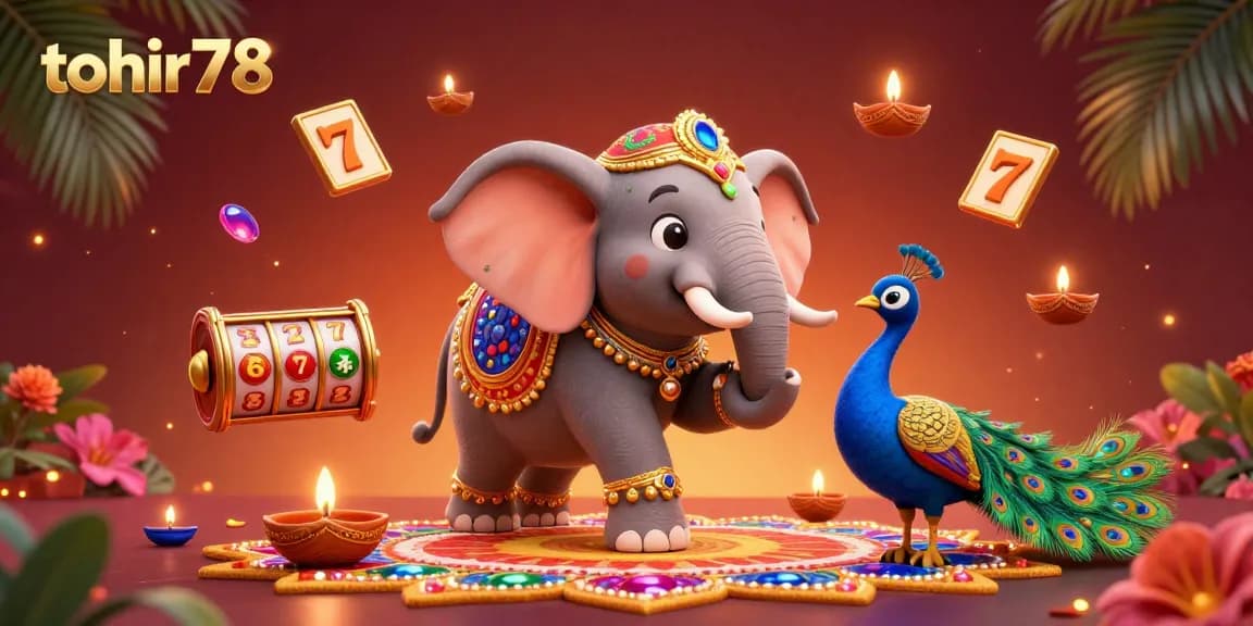 Permainan slot gacor di tohir78 dengan simbol jackpot dan 7 keberuntungan menyebar di sekitar gajah berwarna-warni.