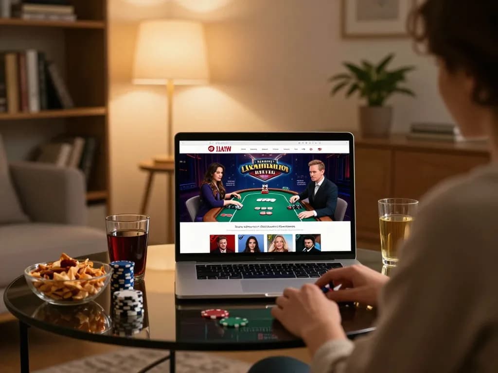 Player enjoying rik vip online casino game on laptop, snacks and drinks enhancing gaming experience.