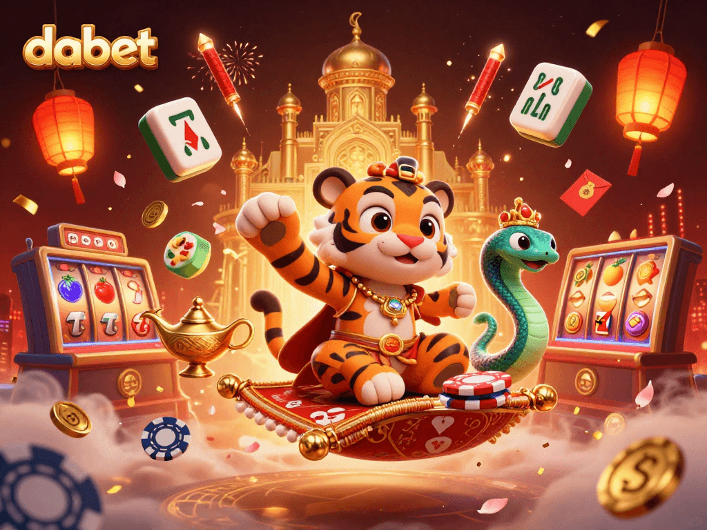 Spin the reels with dabet's vibrant 3D casino illustration showcasing slots and lucky symbols.
