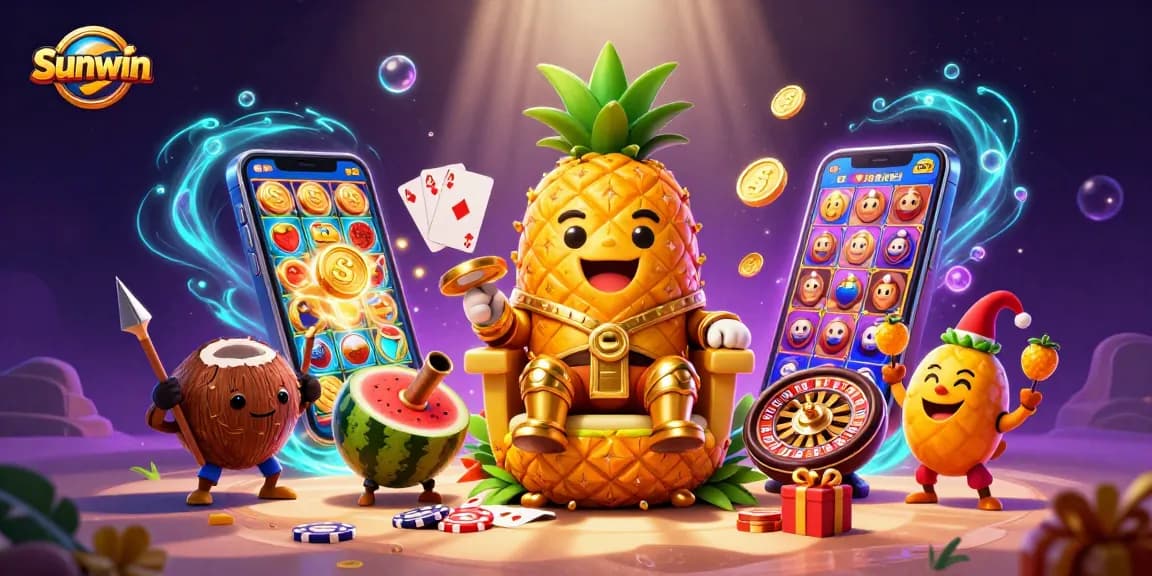 Engage in thrilling gaming at Sunwin with the golden pineapple king ruling a vibrant casino scene.