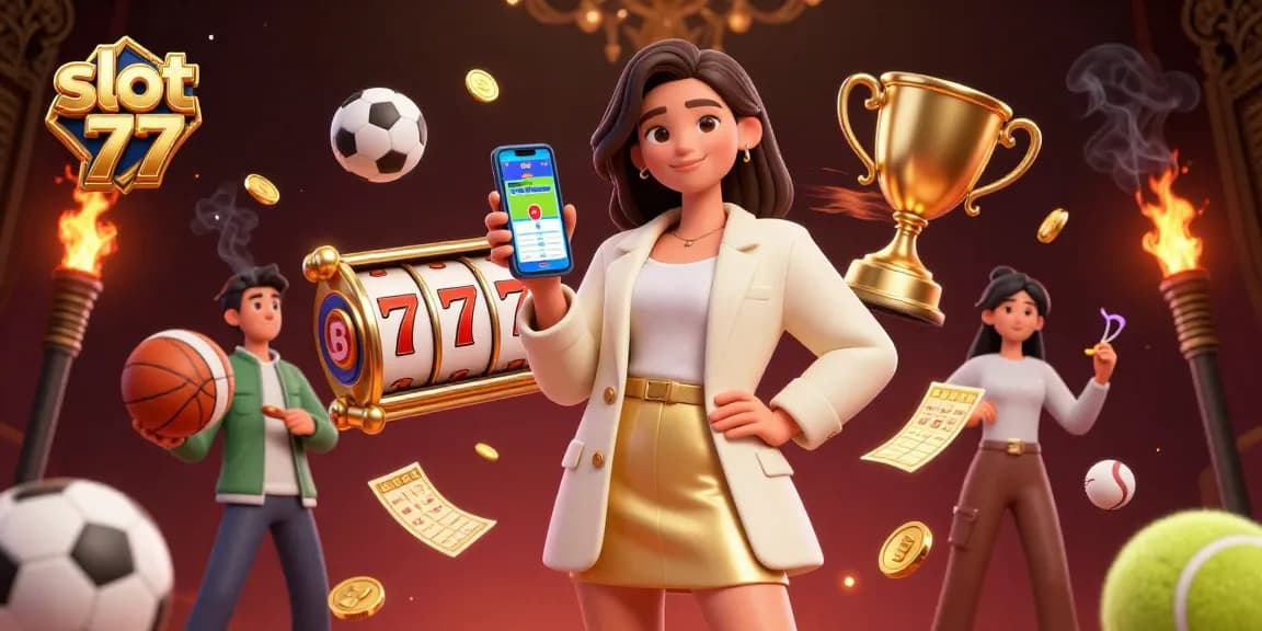 Win with slot 77 in this vibrant 3D casino scene featuring slot reels and golden elements.