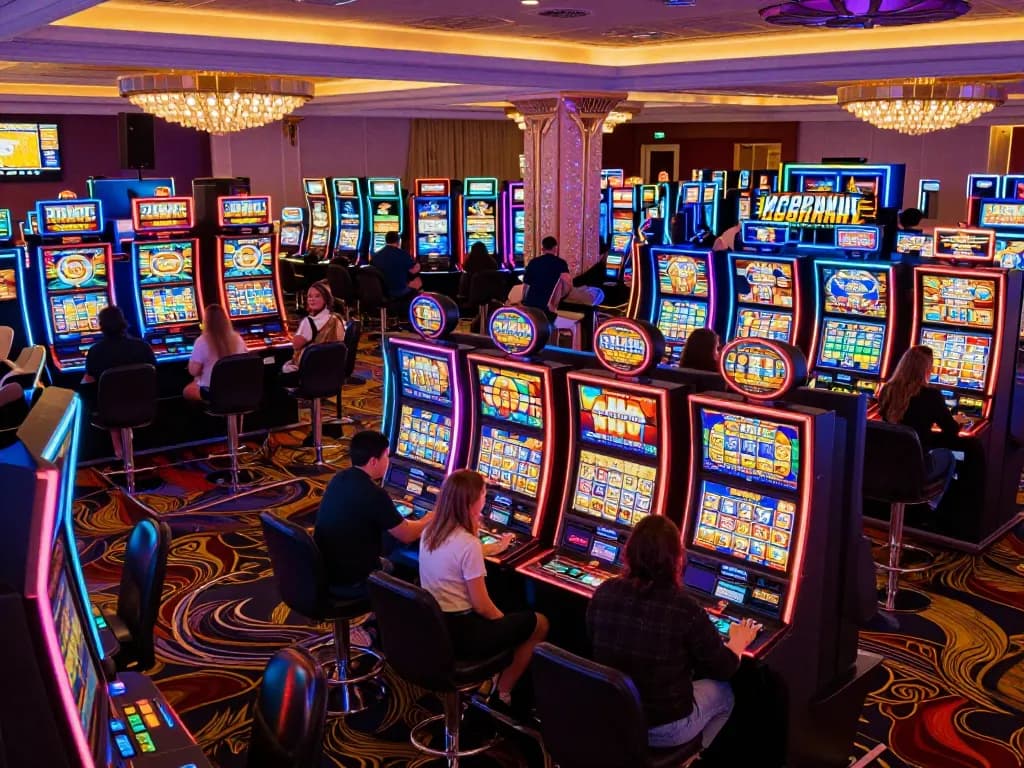 Players spinning slot machines in a lively casino setting, showcasing excitement and vibrant gaming