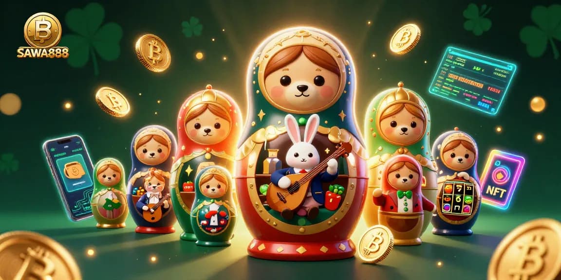 SAWA888 features a lively scene with a Russian Matryoshka bear and crypto elements showcasing engaging slots.