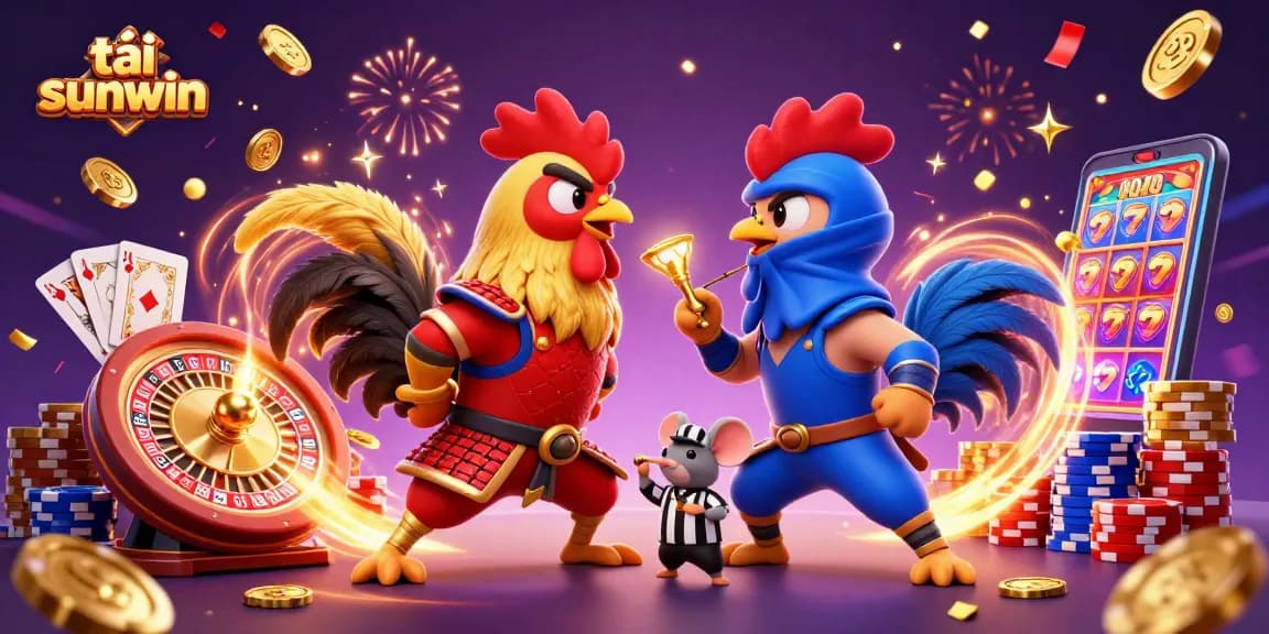 Experience thrilling gameplay with tải sunwin featuring 3D roosters and vibrant casino elements.