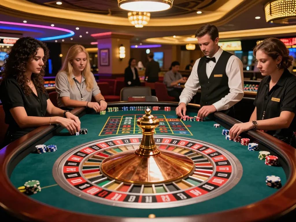Engaging players place bets on a pragmatic roulette table in a lively casino atmosphere.