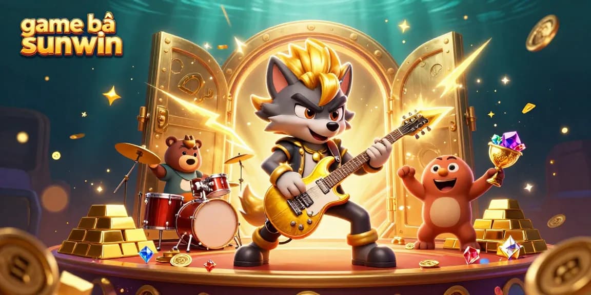 Experience game bài sunwin excitement with vibrant 3D casino illustration of a rock star wolf and drummer bear.