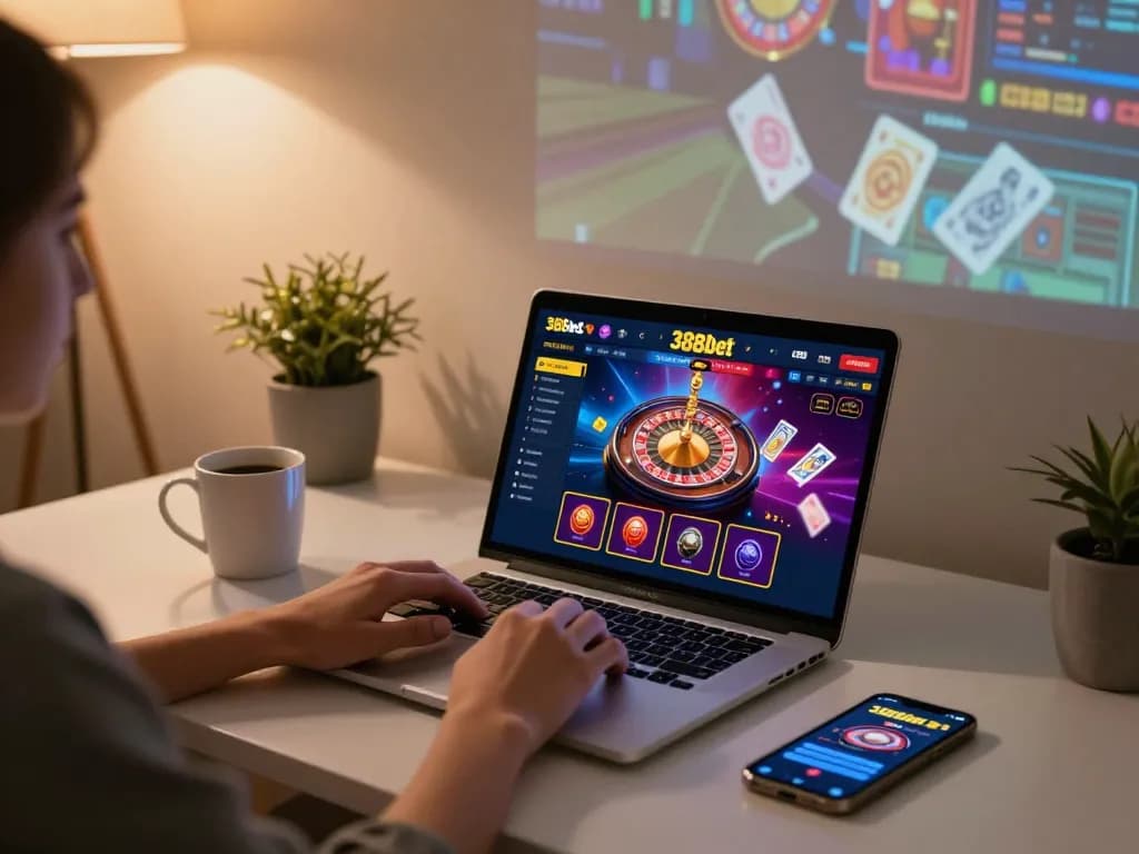 Engaging online gaming session on 388bet with a vibrant casino interface at home, showcasing dynamic gameplay.