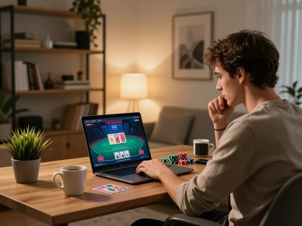 Kuwin player strategizing a poker game at home, highlighting a relaxed online gambling atmosphere.