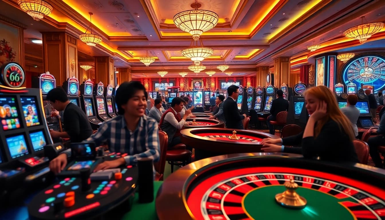 Exciting gaming environment at 66club with vibrant players engaged in casino games.