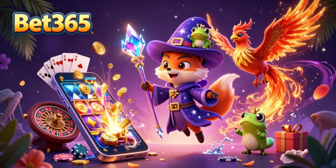 Experience the magic of Bet365 with a wizard fox, phoenix, and casino gaming elements surrounding them.