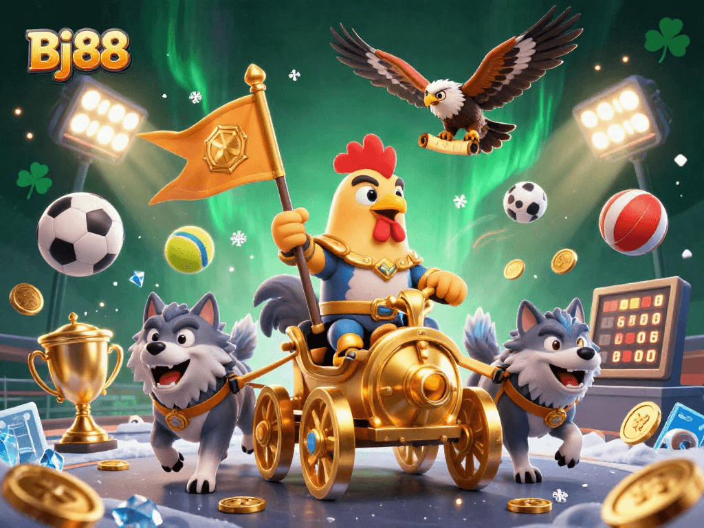 Bj88 features a cartoon rooster warlord in a golden chariot amidst dynamic sports betting action.