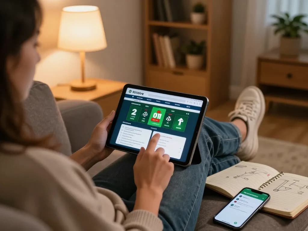 Socolive user engaged in sports betting on a tablet at home, surrounded by cozy decor and strategic notes.