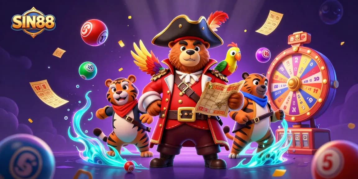 SIN88 promote excitement with a pirate captain bear and companions among colorful lottery elements.