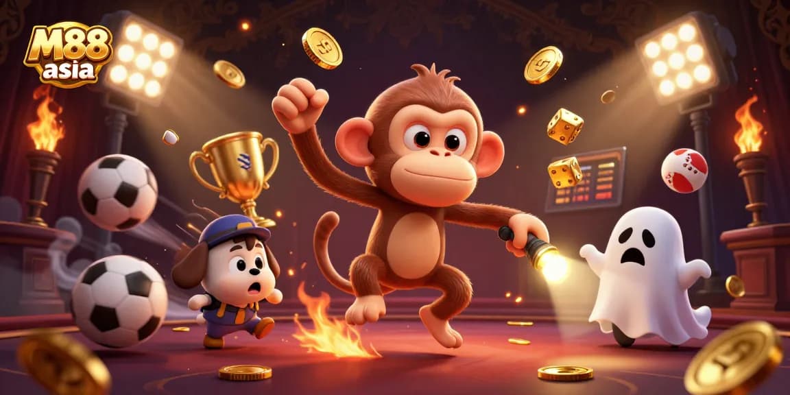 M88 asia showcases a playful poltergeist monkey juggling golden chips and dice in a vibrant haunted casino.