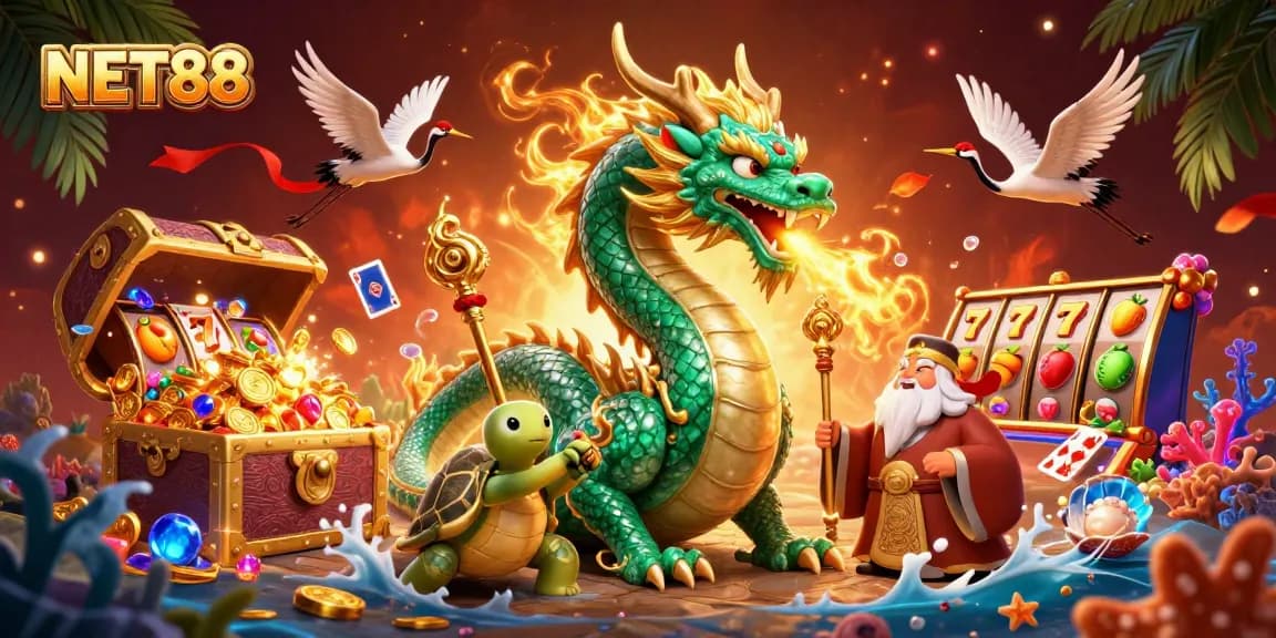 Experience NET88's vibrant casino action with a lively dragon, turtle, and lucky cranes illustration.