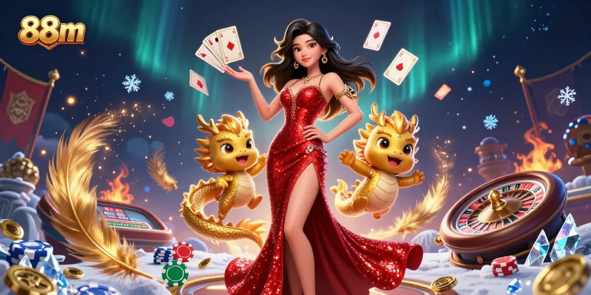 Join the excitement of 88m casino games with a stunning Asian woman in a red gown, golden dragon mascot, and dynamic gambling elements.