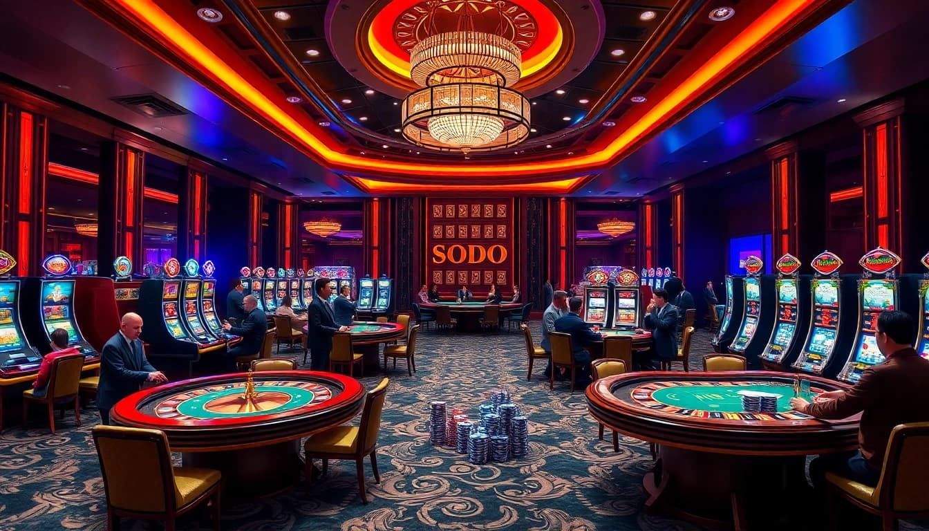 SODO Casino scene featuring poker games, glittering slot machines, and an exciting gambling atmosphere.