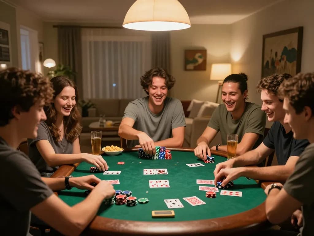 Friends enjoying exciting poker gameplay at home, featuring 33win-themed strategies and vibrant atmosphere.