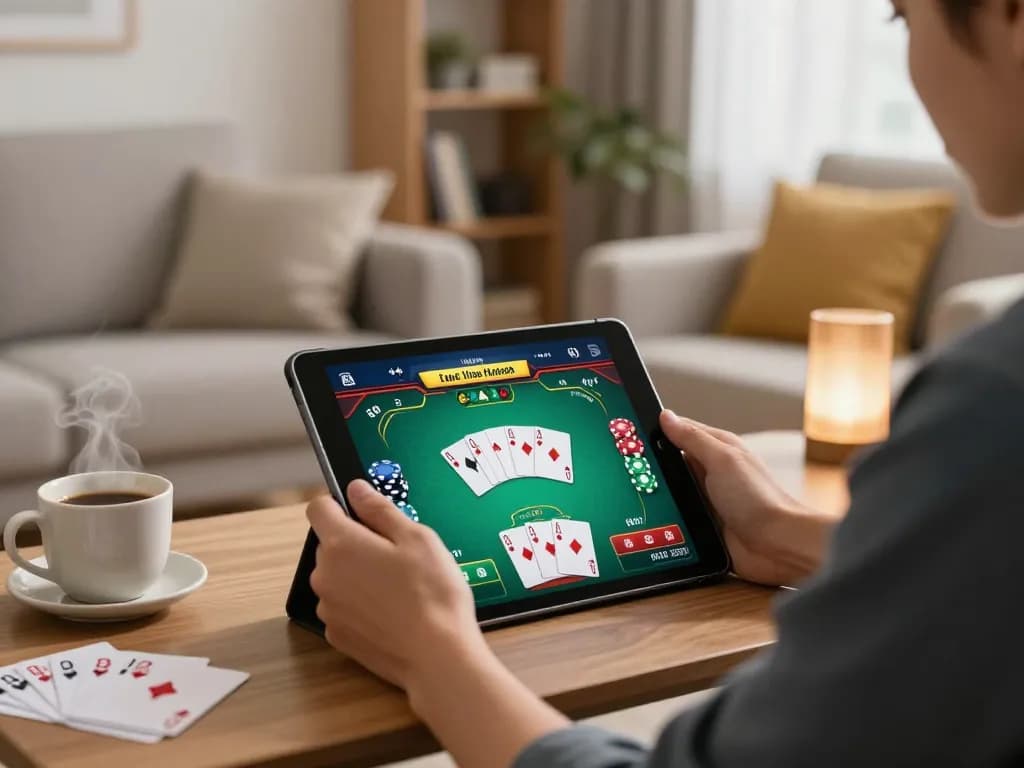Engaging online session at hi88, featuring a player strategizing during poker game while enjoying a cozy home setup
