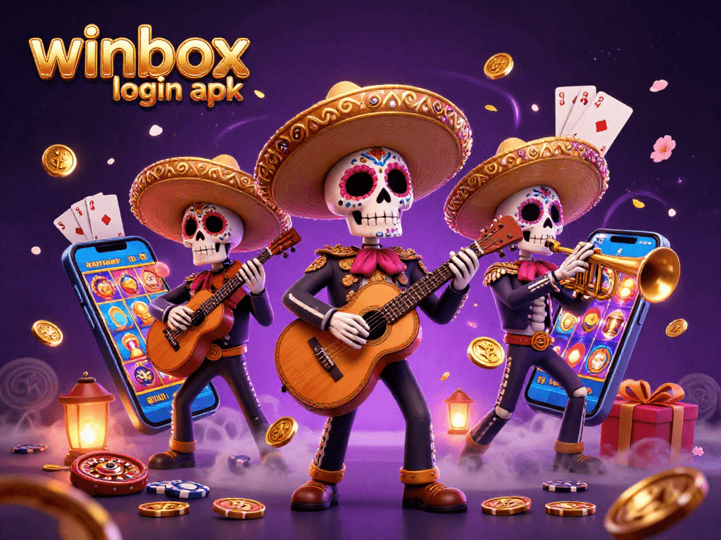 Engage with winbox login apk through vibrant gaming scenes featuring mariachi skeletons and dynamic casino elements.