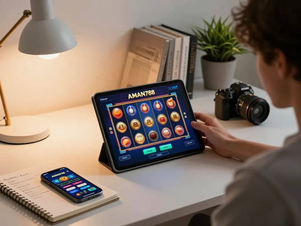 Pemain yang terlibat menjelajahi permainan slot AMAN788 di tablet dalam pengaturan rumah yang nyaman dengan catatan strategi.