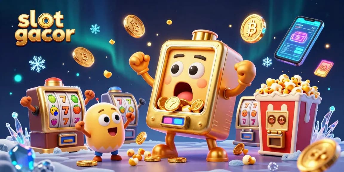 Engaging slot gacor scene with a cartoon slot machine celebrating jackpots amidst vibrant casino elements.