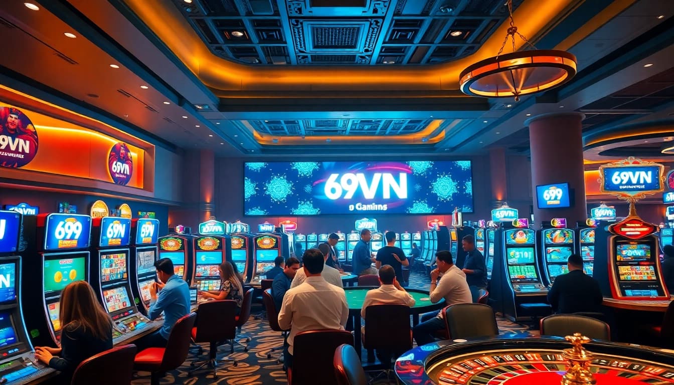 Experience the thrill of gambling at 69VN casino with vibrant slot machines and poker tables.