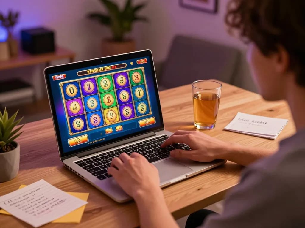 Engaging in slot online gameplay on a laptop within a cozy home setup, showcasing an involved player.
