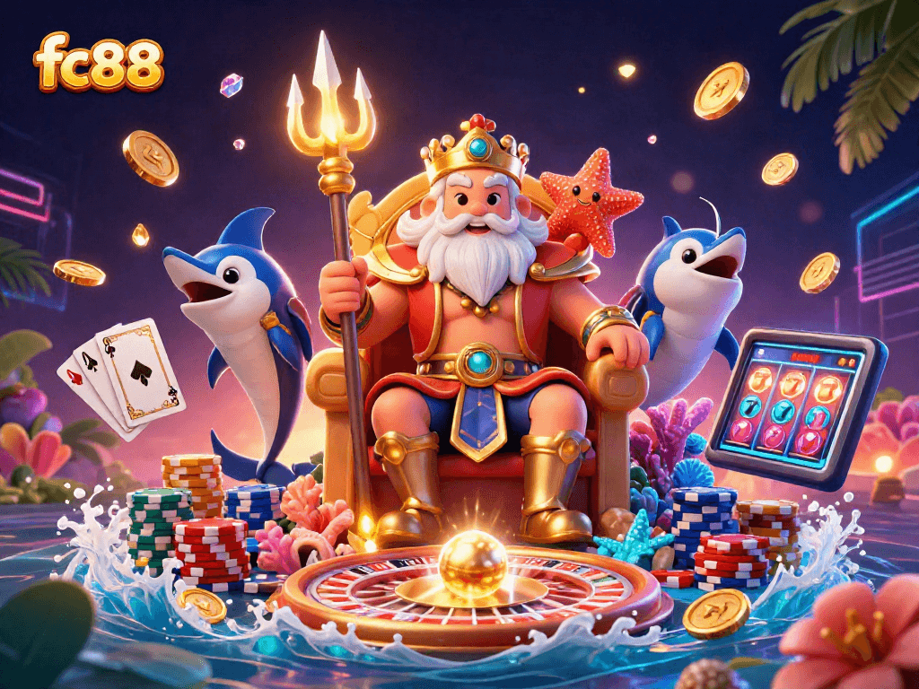Chơi slot và tìm kiếm chiến thắng tại fc88 với hình ảnh vua biển Neptune.