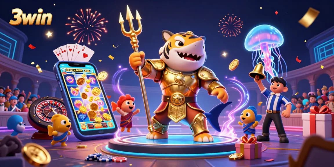 Experience thrilling gameplay with 3win's captivating casino scene featuring vibrant slot games and excitement.