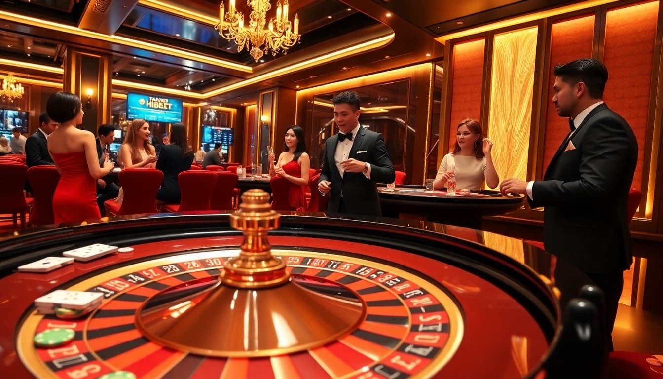 Exciting gambling scene featuring roulette and poker, representing TRANG CHỦ HBBET's luxurious online casino.