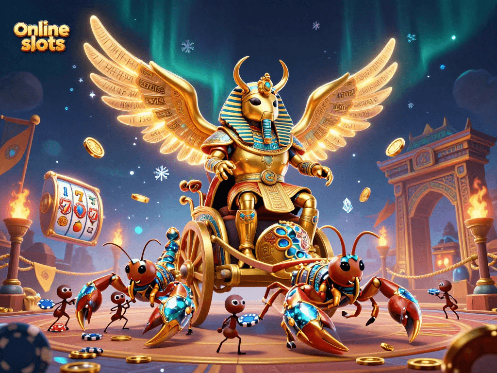 Experience vibrant online slots action in a dynamic 3D illustration filled with adventure and riches.