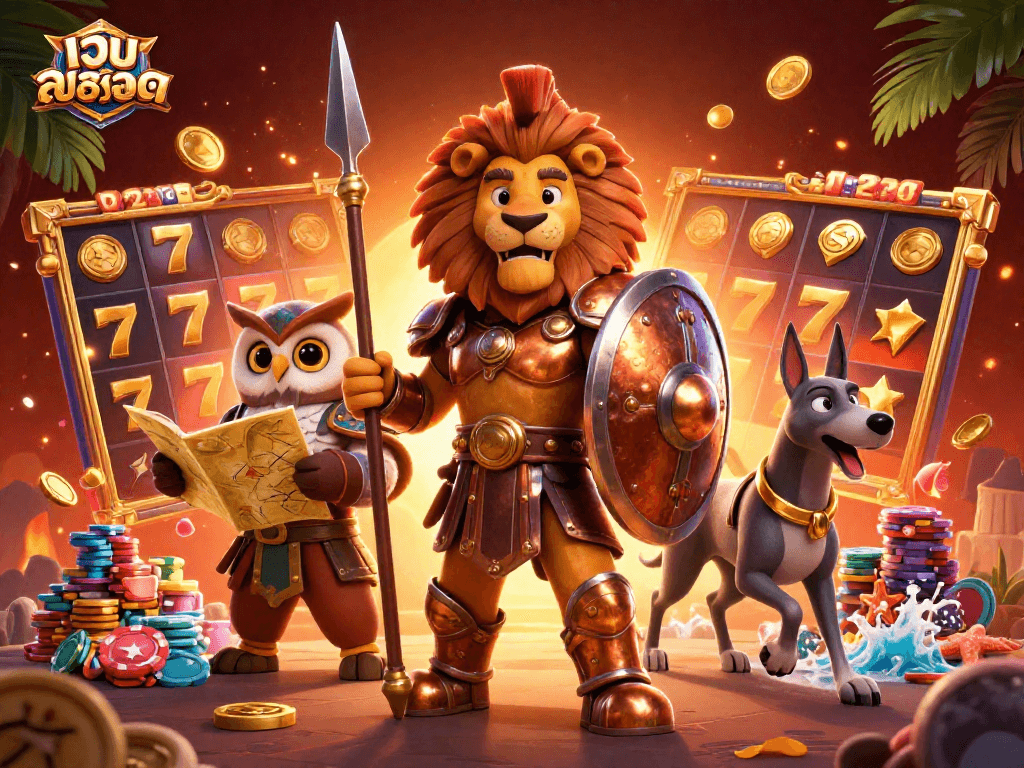 Experience the thrill of เว็บสล็อต with a vibrant, 3D digital illustration combining a Spartan lion, owl, and greyhound amidst slot reels.
