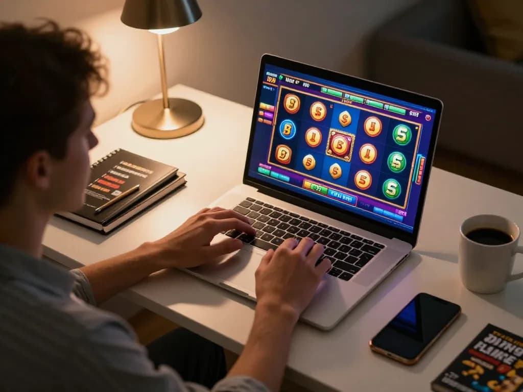Engaging in an online slot bonus gaming session, showcasing vibrant slot interface and strategies at home.