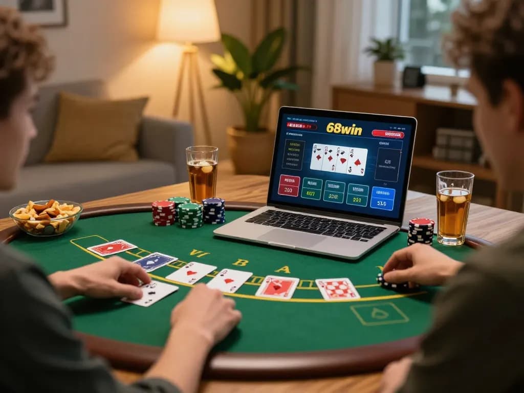 Engaged player enjoying blackjack on 68win online casino platform at home with cozy setup.