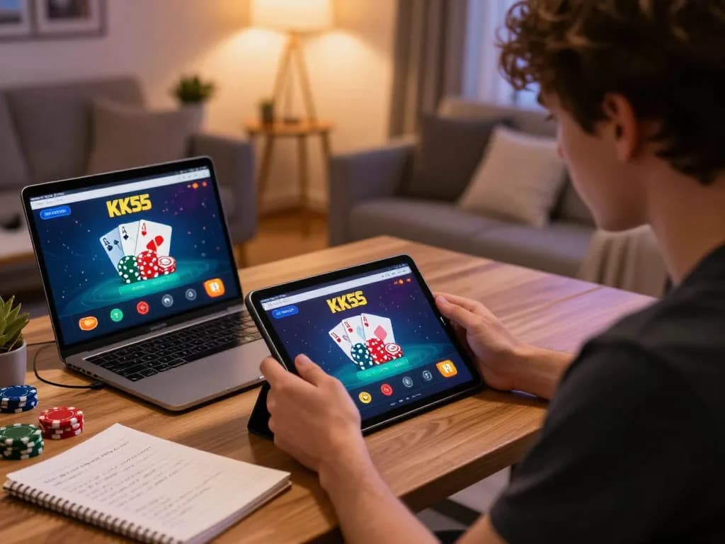 Engaged player using the KK55 app for online gaming, showcasing strategic play and cozy atmosphere