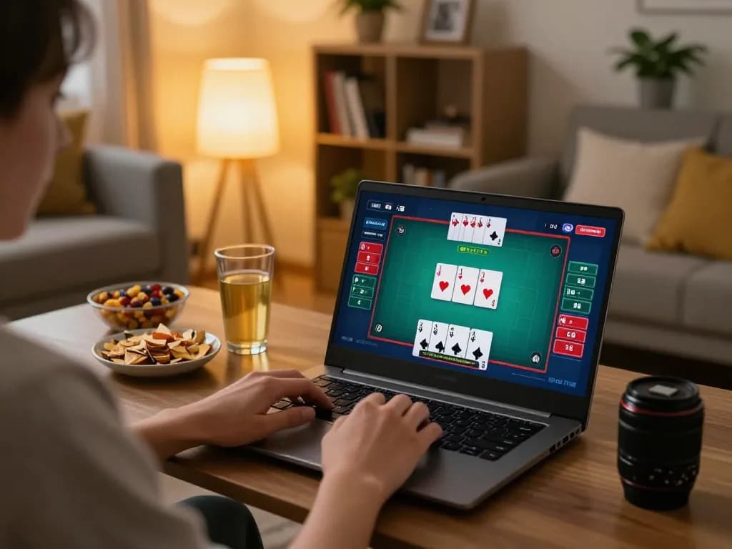 KONG88 online poker gameplay displayed on laptop in a cozy home setting with snacks and warm lighting.