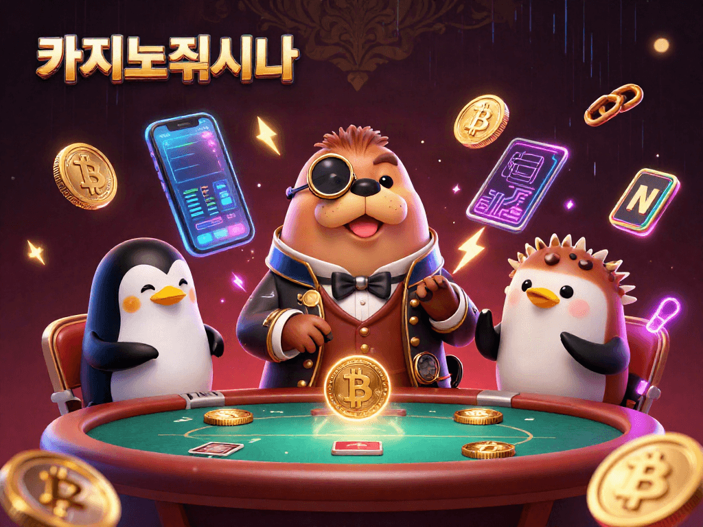 카지노사이트에서 심층 분석을 위한 카드 게임을 즐기는 재미있는 고래와 펭귄 딜러의 3D 일러스트