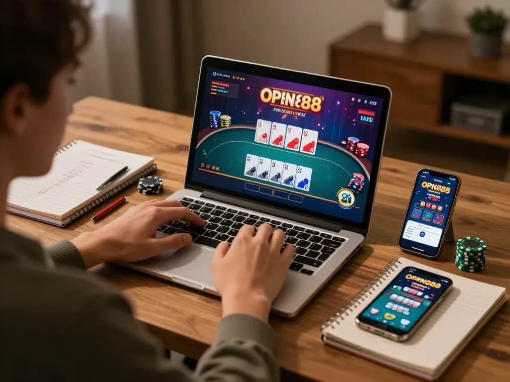 Engaged player managing bets with open888 app on laptop in cozy home setting.