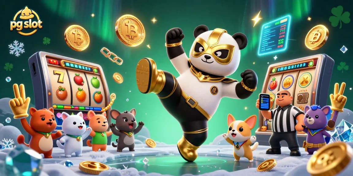 Experience the excitement of pg slot gaming with a vibrant scene of a wrestling panda amidst crypto elements.