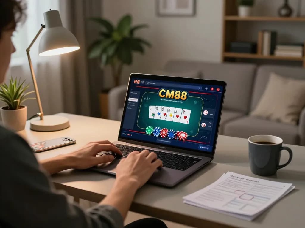 Player engaging in poker at CM88 online casino, laptop displaying game interface with strategic notes.