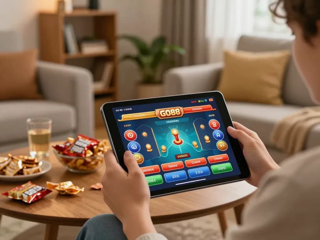 Engaged player enjoying the GO88 app on tablet in a cozy home setting.