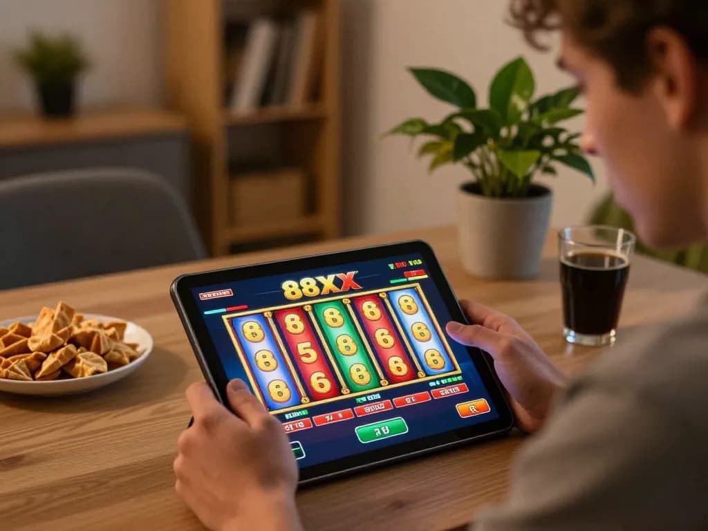 A player engaging with the 88xx online casino app on a tablet, showcasing an exciting gaming environment at home