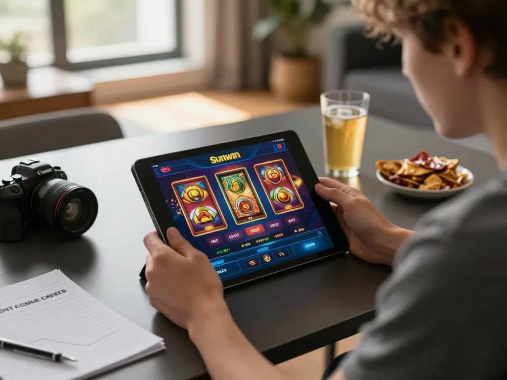 Person playing Sunwin casino app on tablet while following betting strategies at home