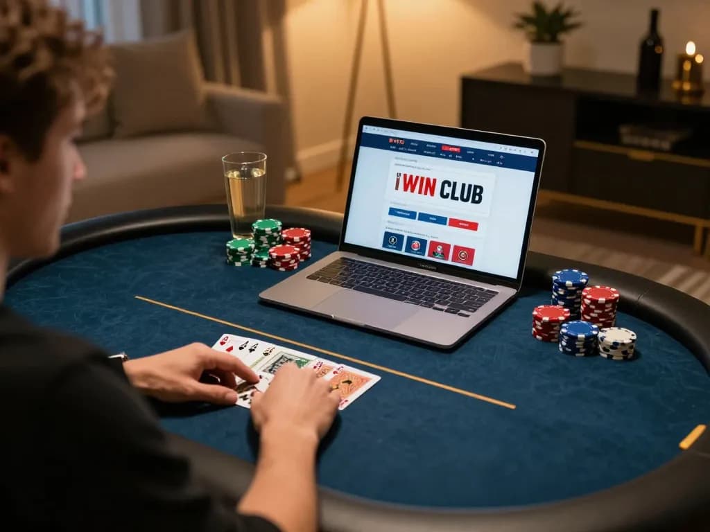 IWIN CLUB player strategizing over an online poker game, showcasing responsible gambling in a cozy home environment.